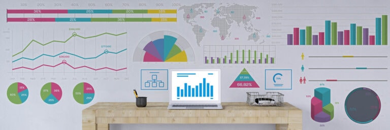 Business Panorama mit Diagrammen an Wand