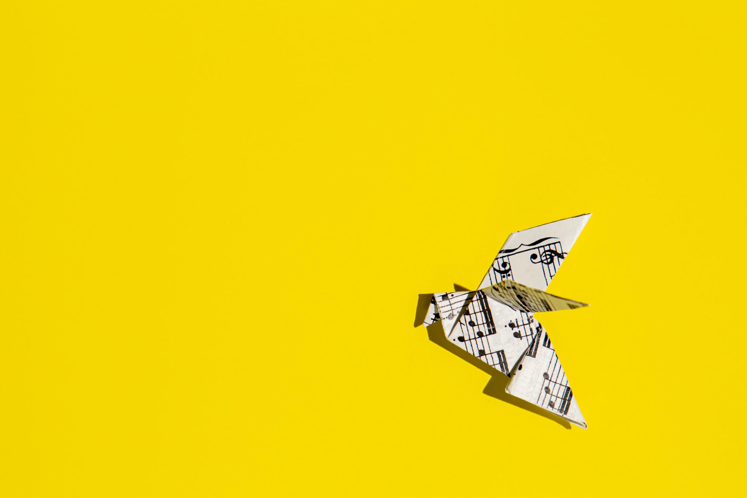 Flying origami dove on yellow background. Origami bird from musi