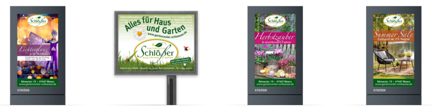 Vier Werbeplakate für Gartenbedarf in verschiedenen Farben und Layouts.